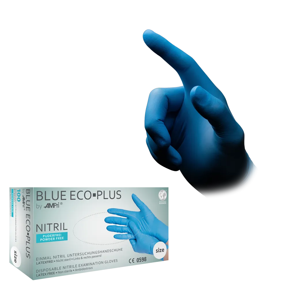 Immagine di una mano con un guanto in nitrile blu che punta verso l'alto. Sotto la mano c'è una scatola di “AMPri BLUE ECO-PLUS guanti in nitrile senza polvere, blu” di AMPri Handelsgesellschaft mbH. La scatola evidenzia che questi guanti monouso in nitrile sono senza polvere, senza lattice e adatti per un uso singolo, rendendoli ideali per l'industria alimentare.
