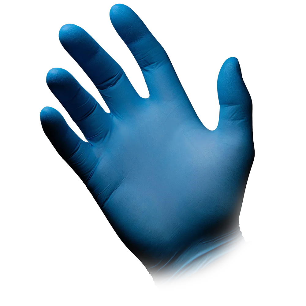 Una mano sinistra, vestita con un guanto in nitrile AMPri BLUE ECO-PLUS senza polvere di AMPri Handelsgesellschaft mbH, è raffigurata con le dita del guanto blu aperte su uno sfondo bianco. L'area del polso si ritira sullo sfondo, dando l'impressione che il guanto si estenda oltre il visibile.