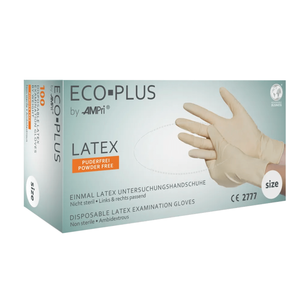 Una scatola di guanti in lattice AMPri ECO-PLUS senza polvere, bianchi, della AMPri Handelsgesellschaft mbH. La confezione mostra un'immagine di mani guantate e contiene informazioni che indicano che si tratta di guanti monouso, non sterili, senza polvere e adatti a entrambe le mani. La scatola include anche indicazioni sulle taglie, varie certificazioni e istruzioni.