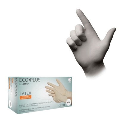 A sinistra è raffigurata una scatola di guanti in lattice AMPri ECO-PLUS senza polvere, bianchi, della AMPri Handelsgesellschaft mbH. A destra si vede una mano singola con uno dei guanti, con il pollice alzato. Il design sulla scatola e sul guanto è semplice, il testo è prevalentemente in tedesco.