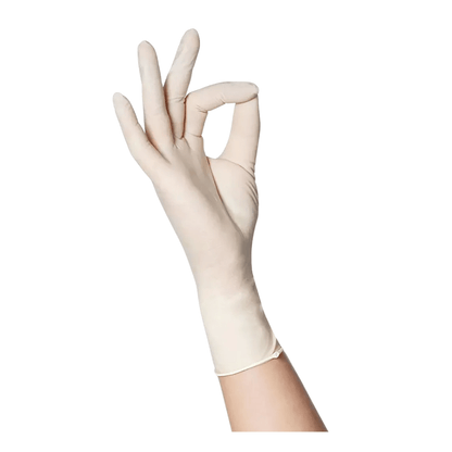 Una mano con guanti in lattice AMPri ECO-PLUS senza polvere della AMPri Handelsgesellschaft mbH fa un gesto OK, con pollice e indice che formano un cerchio, mentre le altre dita sono distese. Il guanto è bianco.