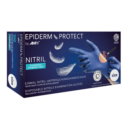 Una scatola di guanti in nitrile AMPri Epiderm Protect di MED-COMFORT senza polvere, blu metallizzato. La scatola blu metallizzata mostra l'immagine di una mano che indossa un guanto blu e tiene una piuma. Le etichette indicano che i guanti sono non sterili, senza polvere e adatti per entrambe le mani, e la misura è indicata. La scatola contiene 100 pezzi ed è prodotta dalla AMPri Handelsgesellschaft mbH.