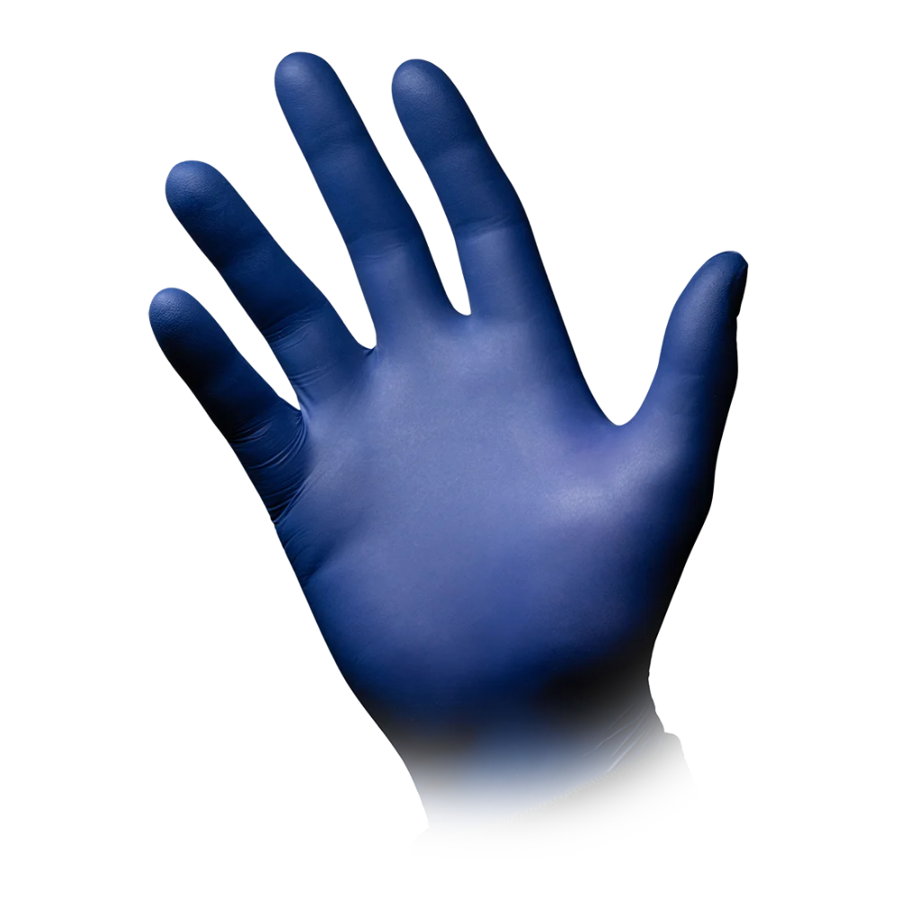 Un singolo guanto in nitrile AMPri Epiderm Protect di MED-COMFORT in blu metallizzato è raffigurato con il palmo verso l'alto su uno sfondo bianco semplice. Le dita del guanto senza polvere sono leggermente divaricate.