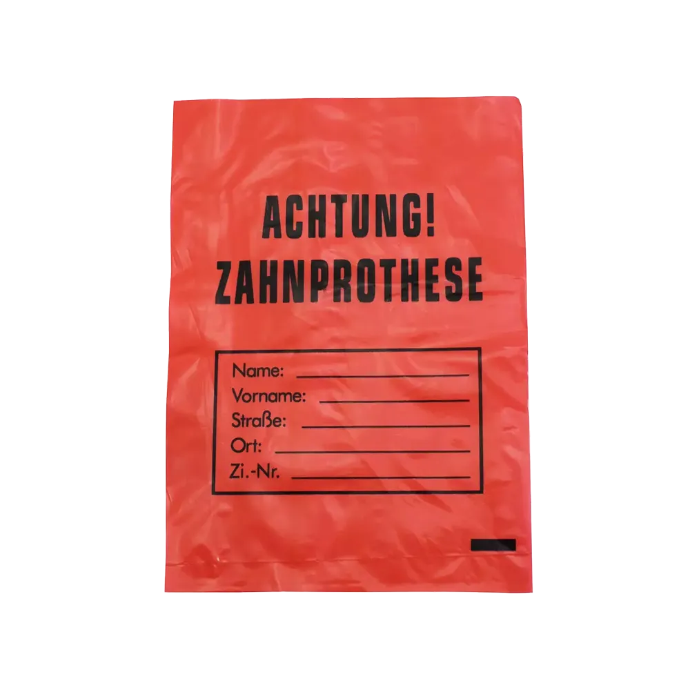 Il sacchetto per protesi dentarie in LDPE AMPri con dimensioni di 17 x 24 cm presenta un design rosso con testo nero "ATTENZIONE! PROTESI DENTARIA" e campi per nome, indirizzo e numero di stanza, per garantire un'identificazione igienica e semplice delle protesi dentarie. Marca: AMPri Handelsgesellschaft mbH.