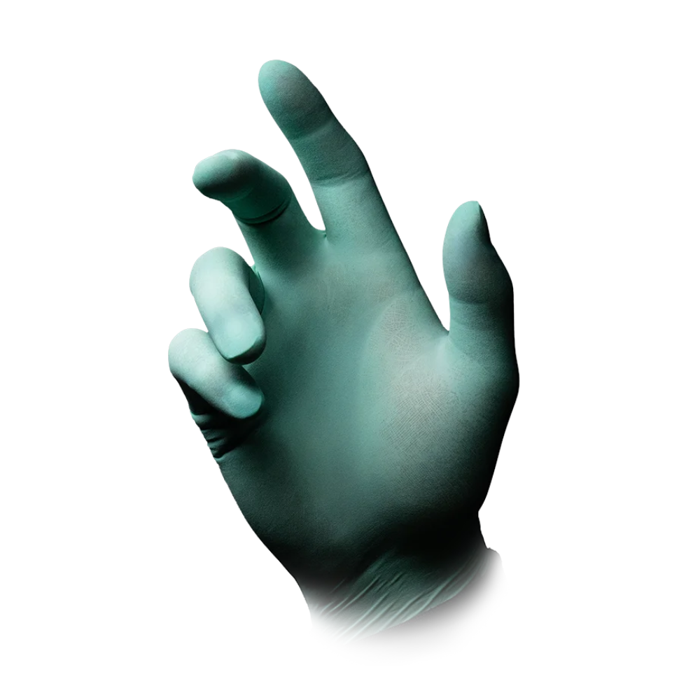 Eine Hand mit einem AMPri MED-COMFORT Aloe Latexhandschuhe puderfrei, mintgrün der AMPri Handelsgesellschaft mbH ist vor weißem Hintergrund abgebildet. Die Handfläche zeigt nach links und die Finger sind leicht angewinkelt.