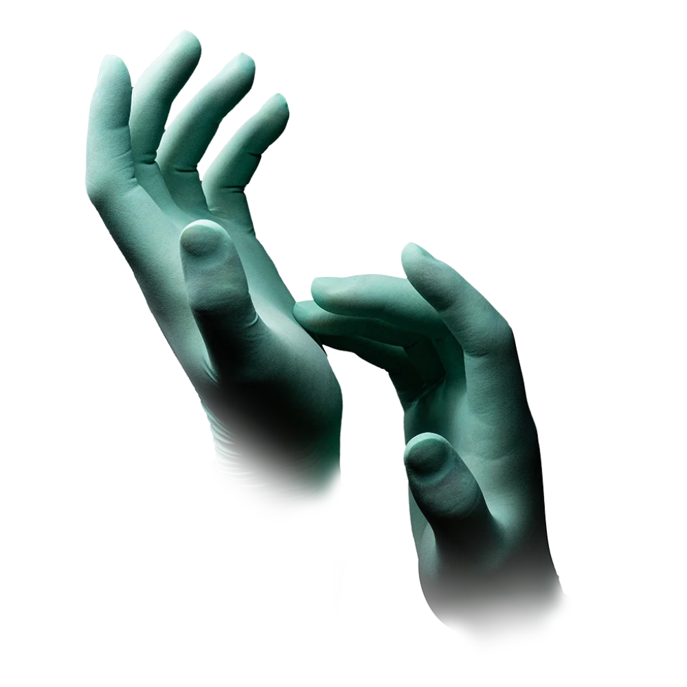 Foto von zwei Händen, die blaugrüne AMPri MED-COMFORT Aloe Latexhandschuhe puderfrei, mintgrün, Box (100 Stück) von AMPri Handelsgesellschaft mbH tragen. Die Hände sind vor einem schlichten weißen Hintergrund positioniert, wobei eine Hand im Vordergrund und die andere dahinter hervorsticht. Die Finger beider Hände sind leicht gebeugt und entspannt.