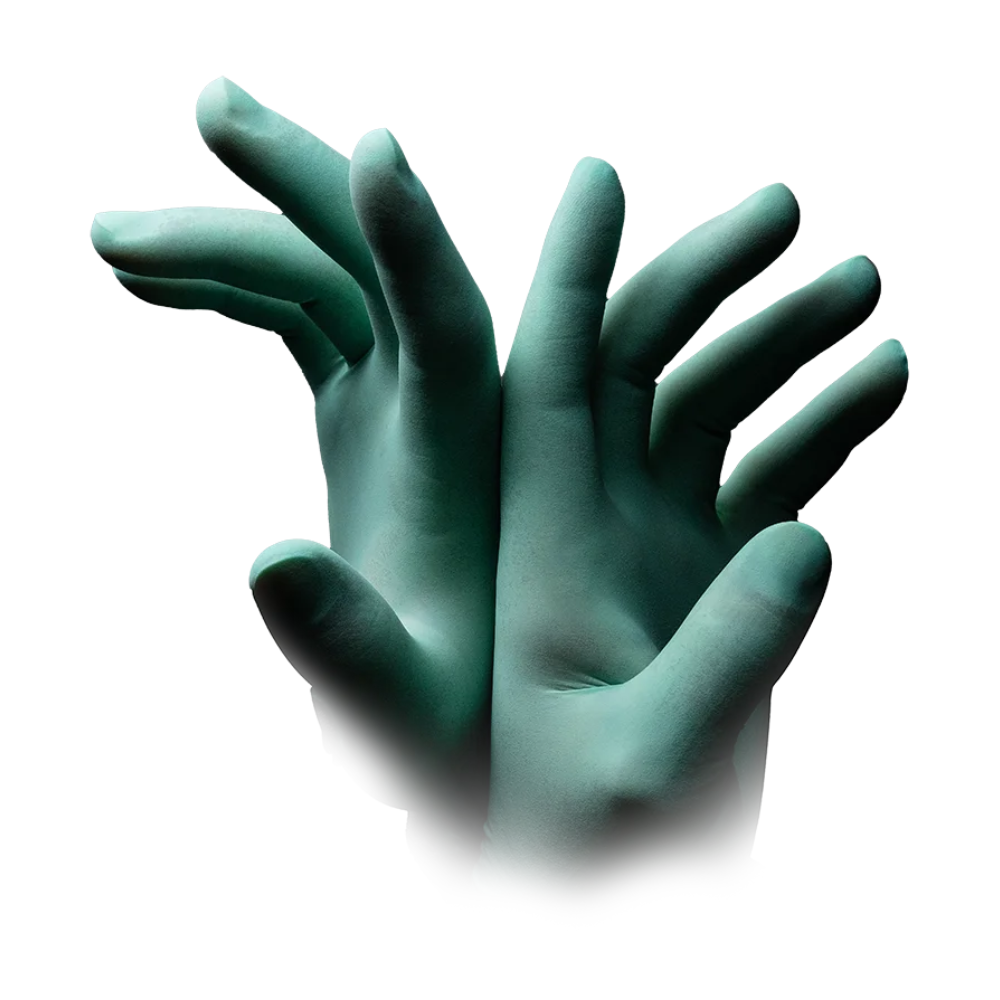 Drei Hände mit mintgrünen AMPri MED-COMFORT Aloe Latexhandschuhe puderfrei der AMPri Handelsgesellschaft mbH liegen dicht beieinander vor weißem Hintergrund. Die Handschuhe sind puderfrei und sorgen so für ein sauberes und angenehmes Tragegefühl.