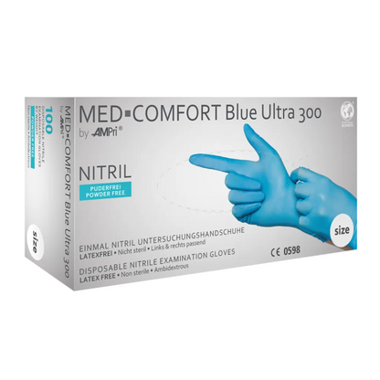 Scatola di guanti in nitrile AMPri MED-COMFORT BLUE ULTRA 300 extra lunghi senza polvere, blu di AMPri Handelsgesellschaft mbH. La scatola è prevalentemente bianca e blu, mostra un'immagine di mani guantate e indica che i guanti in nitrile sono privi di lattice, senza polvere, ambidestri e adatti al contatto con gli alimenti. La misura è chiaramente visibile.
