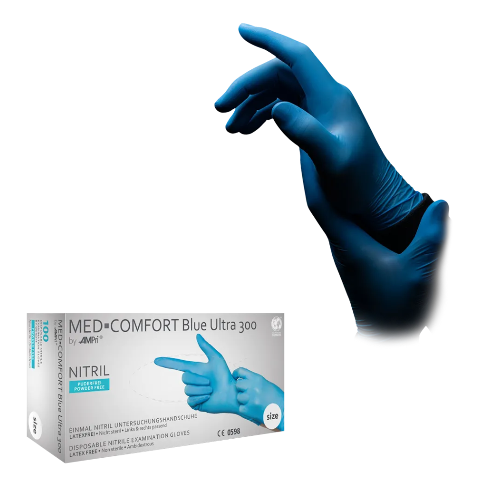 È raffigurata una scatola di guanti in nitrile AMPri MED-COMFORT BLUE ULTRA 300 extra lunghi senza polvere, blu della AMPri Handelsgesellschaft mbH. Sopra la scatola sono raffigurate due mani che indossano i guanti in nitrile blu e con una mano adattano la forma dell'altra mano. Sulla confezione sono evidenziate le informazioni sul prodotto e le indicazioni delle misure che indicano che i guanti sono senza polvere e adatti al contatto con gli alimenti.