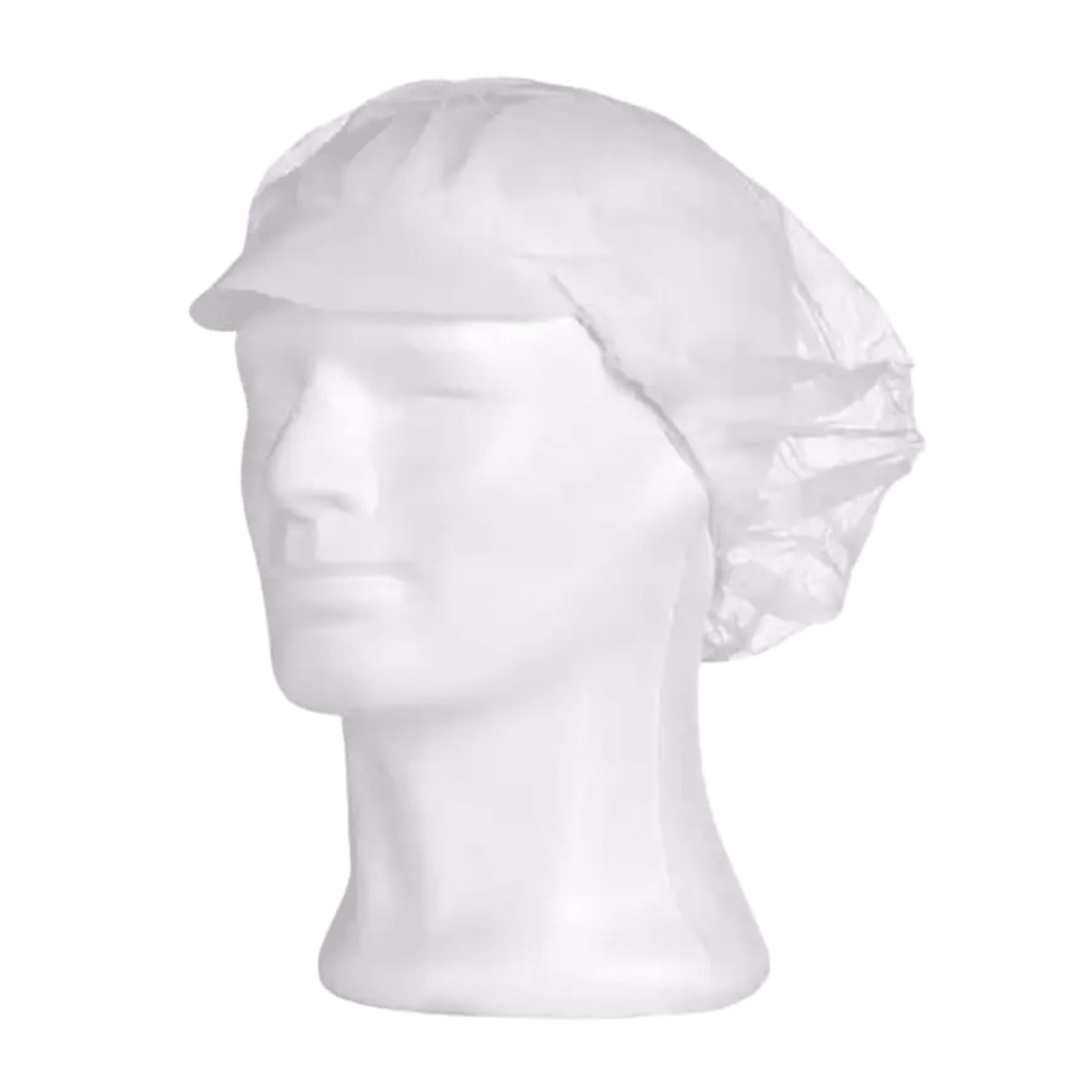 Una testa di bambola in bianco è adornata con un berretto AMPri MED-COMFORT, offerto dalla AMPri Handelsgesellschaft mbH in bianco e blu. Questo prodotto monouso offre protezione igienica, con la retina per capelli che copre l'intera area della testa in modo pulito ed efficace. La bambola è leggermente orientata verso sinistra, con i lineamenti del viso non fortemente accentuati.