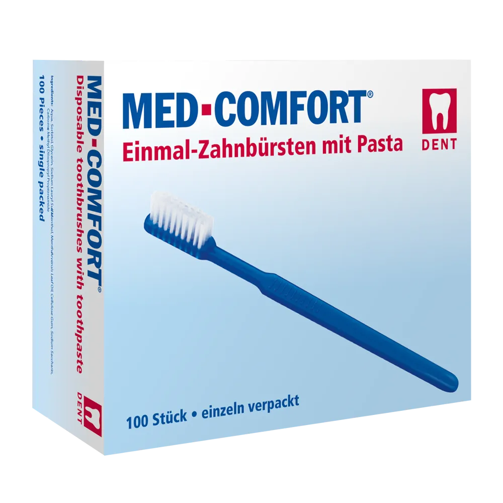 La scatola AMPri MED-COMFORT della AMPri Handelsgesellschaft mbH, ideale per la cura dei denti in viaggio, contiene spazzolini monouso con dentifricio. È raffigurato uno spazzolino blu, un testo bilingue indica che la scatola contiene 100 pezzi confezionati singolarmente in vari colori.