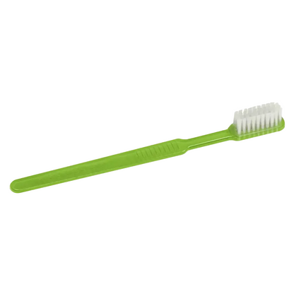 Uno spazzolino monouso verde AMPri MED-COMFORT Dental PS con manico dritto e setole bianche, posizionato orizzontalmente su sfondo bianco.