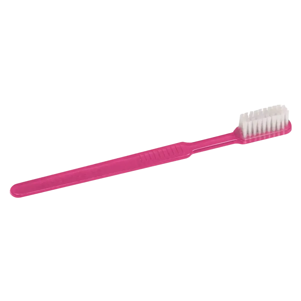 Su uno sfondo bianco brillante è visibile uno spazzolino monouso rosa AMPri MED-COMFORT Dental PS con manico dritto e setole bianche.