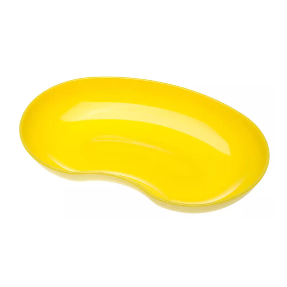 Eine gelbe, nierenförmige Schale mit glänzender Oberfläche ist auf weißem Hintergrund zu sehen. Die AMPri MED-COMFORT Kunststoff Nierenschale 24 cm 600 ml der AMPri Handelsgesellschaft mbH zeichnet sich durch glatte, abgerundete Kanten und ein sauberes, poliertes Erscheinungsbild aus.
