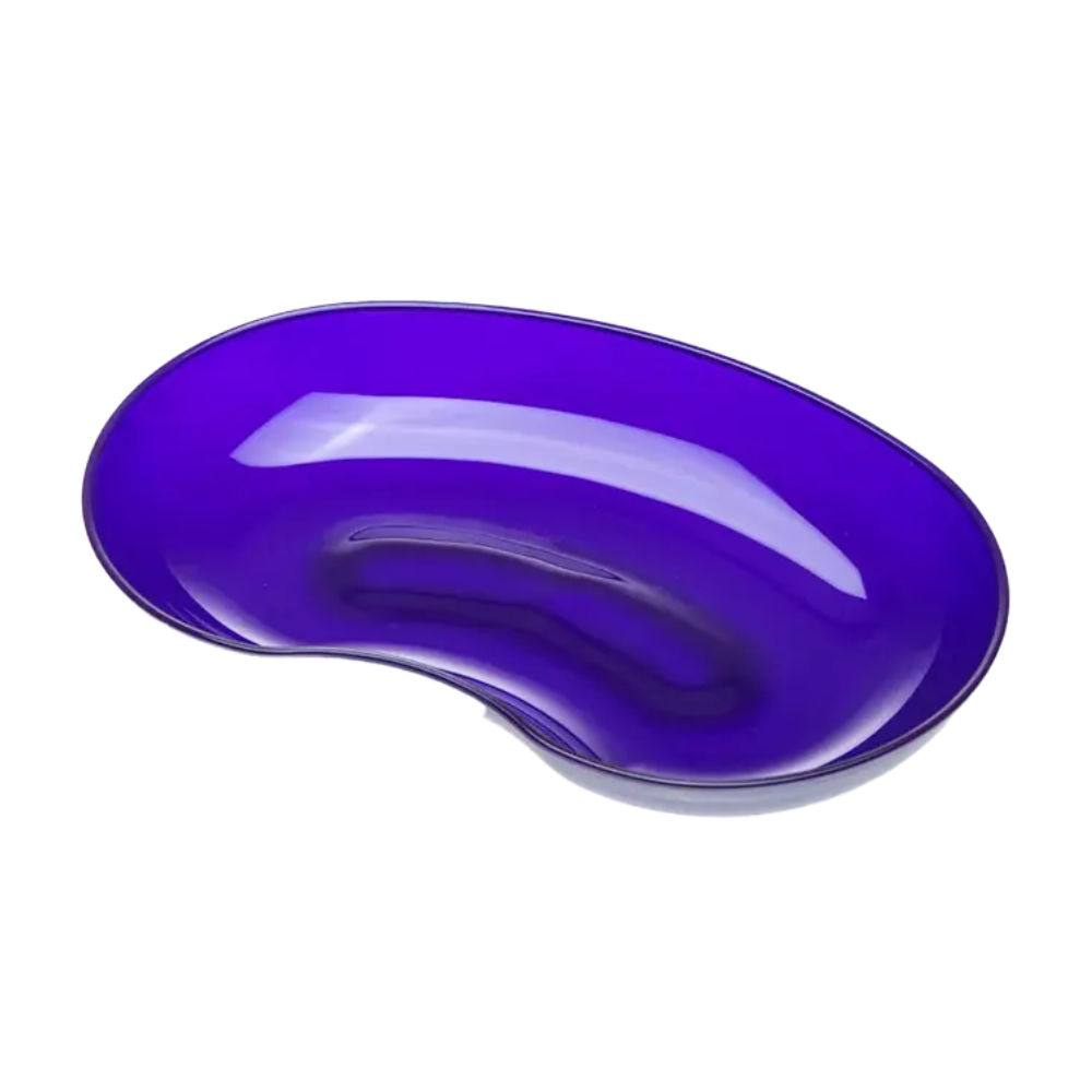 Eine nierenförmige, glänzende, violette Schüssel auf schlichtem weißem Hintergrund, die als medizinisches Hilfsmittel kategorisiert ist und Teil der Serie AMPri MED-COMFORT Kunststoff Nierenschale 24 cm 600 ml der AMPri Handelsgesellschaft mbH ist, die in verschiedenen Farben erhältlich ist.