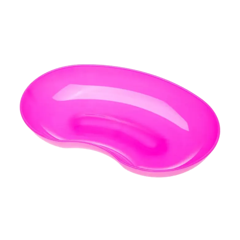 Eine nierenförmige Nierenschale aus AMPri MED-COMFORT Kunststoff in leuchtendem Pink mit glatten Kanten und glänzender Oberfläche. Das 24 cm große, 600 ml fassende medizinische Hilfsmittel der AMPri Handelsgesellschaft mbH ist leer und steht auf einem schlichten weißen Hintergrund.
