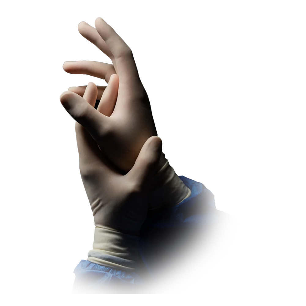 Ein Paar behandschuhte Hände mit blauem Ärmel, eine Hand richtet vor weißem Hintergrund die sterilen AMPri MED-COMFORT Latex OP-Handschuhe puderfrei, weiß der AMPri Handelsgesellschaft mbH, an der anderen Hand.
