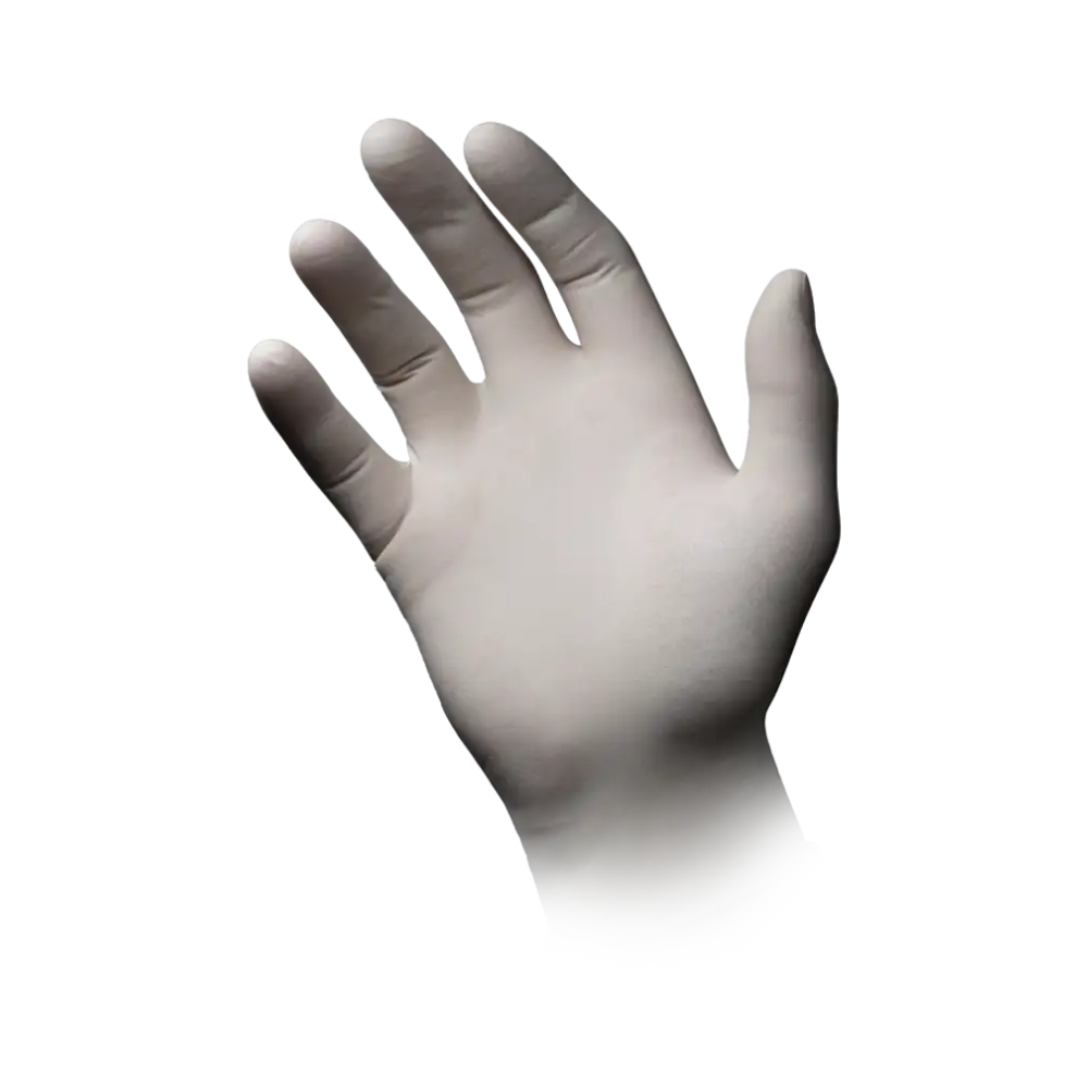 Auf weißem Hintergrund ist eine erhobene linke Hand mit AMPri MED-COMFORT puderfreien weißen Latexhandschuhen der AMPri Handelsgesellschaft mbH zu sehen. Die Finger sind leicht gespreizt und der Handschuh bedeckt die gesamte Hand bis über das Handgelenk – ideal für hygienisches Arbeiten.