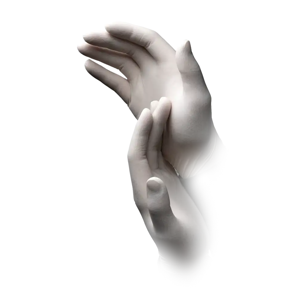 Eine 3D-Darstellung von zwei Händen in einem durchscheinenden weißen Stil, der an AMPri MED-COMFORT Latexhandschuhe puderfrei, weiß von AMPri Handelsgesellschaft mbH erinnert. Die Finger sind leicht gebeugt und die Hände sind einander zugewandt, wobei eine Hand leicht über der anderen liegt. Das Bild hat ein glattes, ätherisches Aussehen, das an hygienische Arbeitspraktiken erinnert.