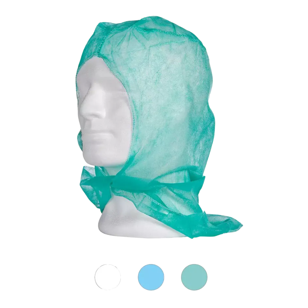 Una testa di manichino indossa una cuffia astronauta AMPri MED-COMFORT PP verde-blu della AMPri Handelsgesellschaft mbH, che offre una protezione per il collo e le spalle in tessuto non tessuto di polipropilene leggero. Sotto il display ci sono tre campioni di colore: bianco, azzurro e verde-blu – perfetti per ambienti di lavoro igienici.