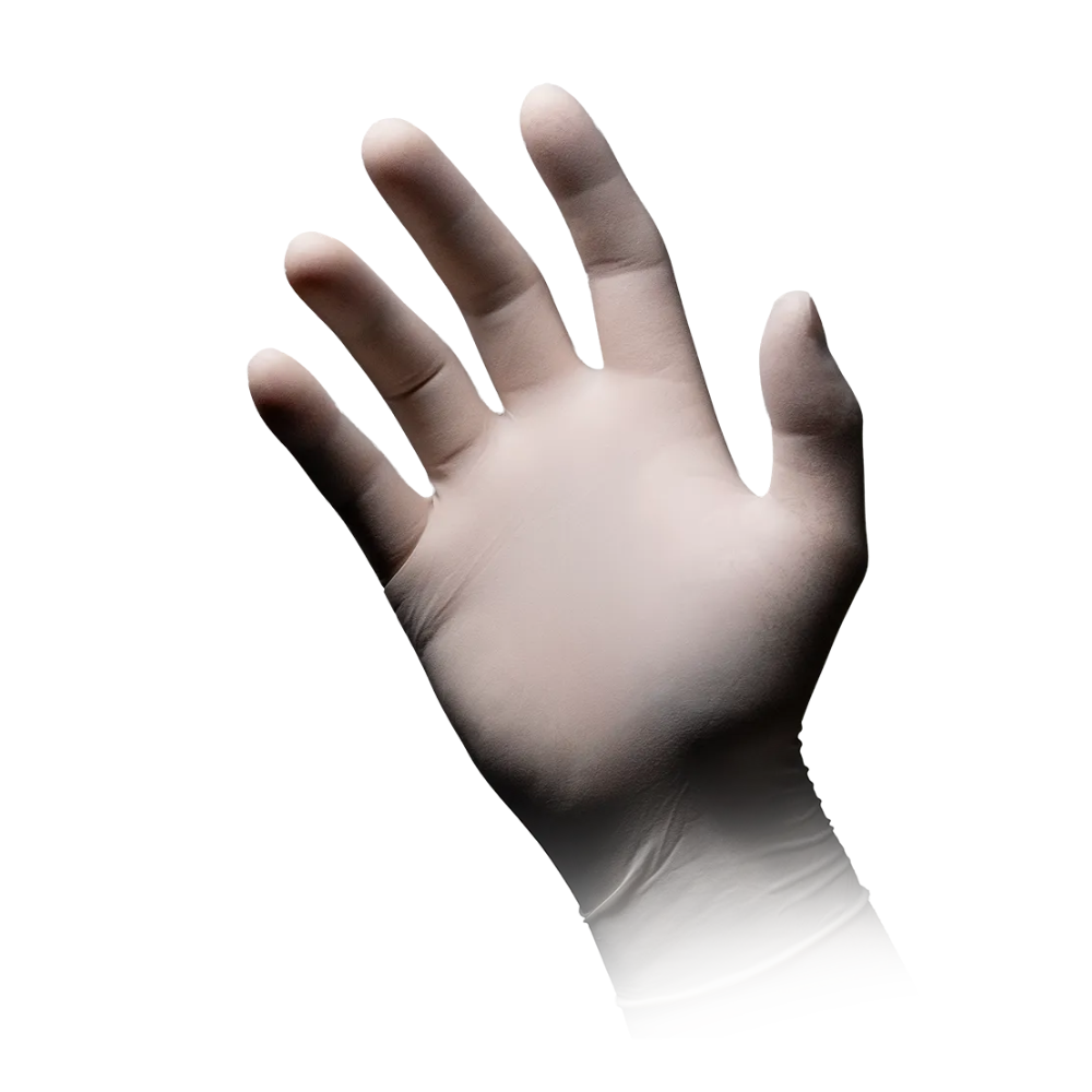 Eine erhobene Hand trägt einen AMPri MED-COMFORT Polymer Plus Latexhandschuh puderfrei, weiß. Das Bild wurde vor einem weißen Hintergrund aufgenommen und zeigt die Handfläche des Handschuhs mit leicht gespreizten Fingern.