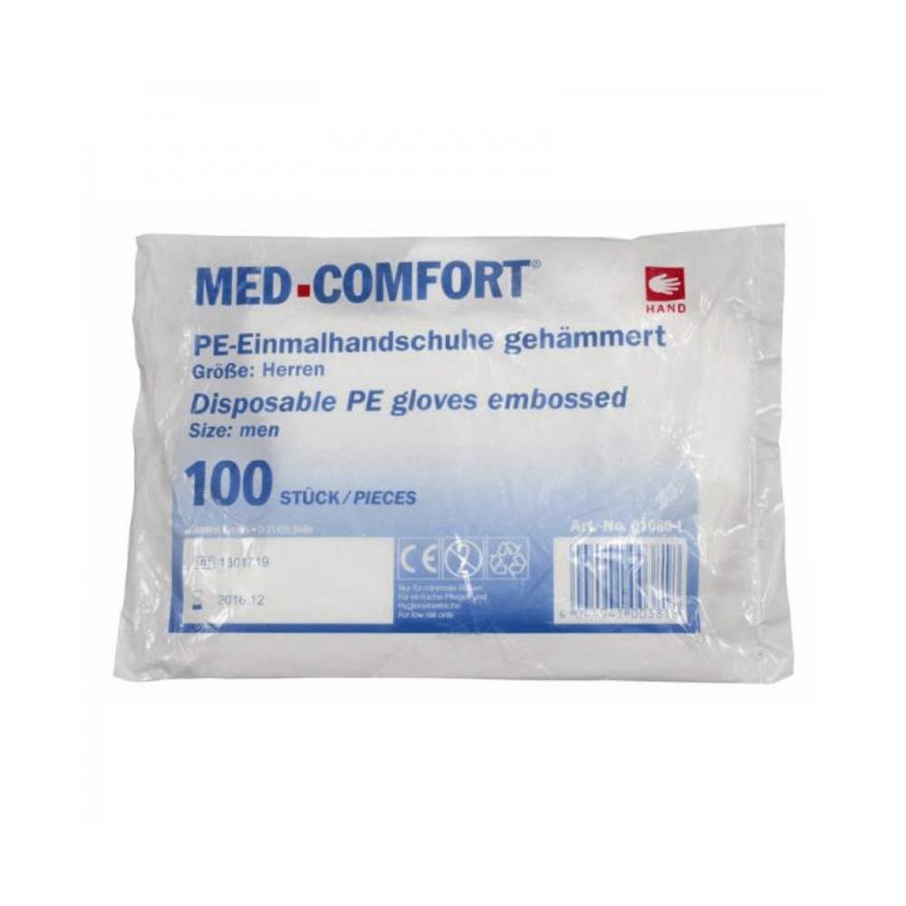 Una confezione di guanti MED-COMFORT in PE, prodotti dalla AMPri Handelsgesellschaft mbH e disponibili nella taglia da uomo L, contiene 100 pezzi. L’imballaggio reca le indicazioni sia in tedesco che in inglese, il che rende questi guanti monouso ideali per l’impiego nell’industria alimentare.