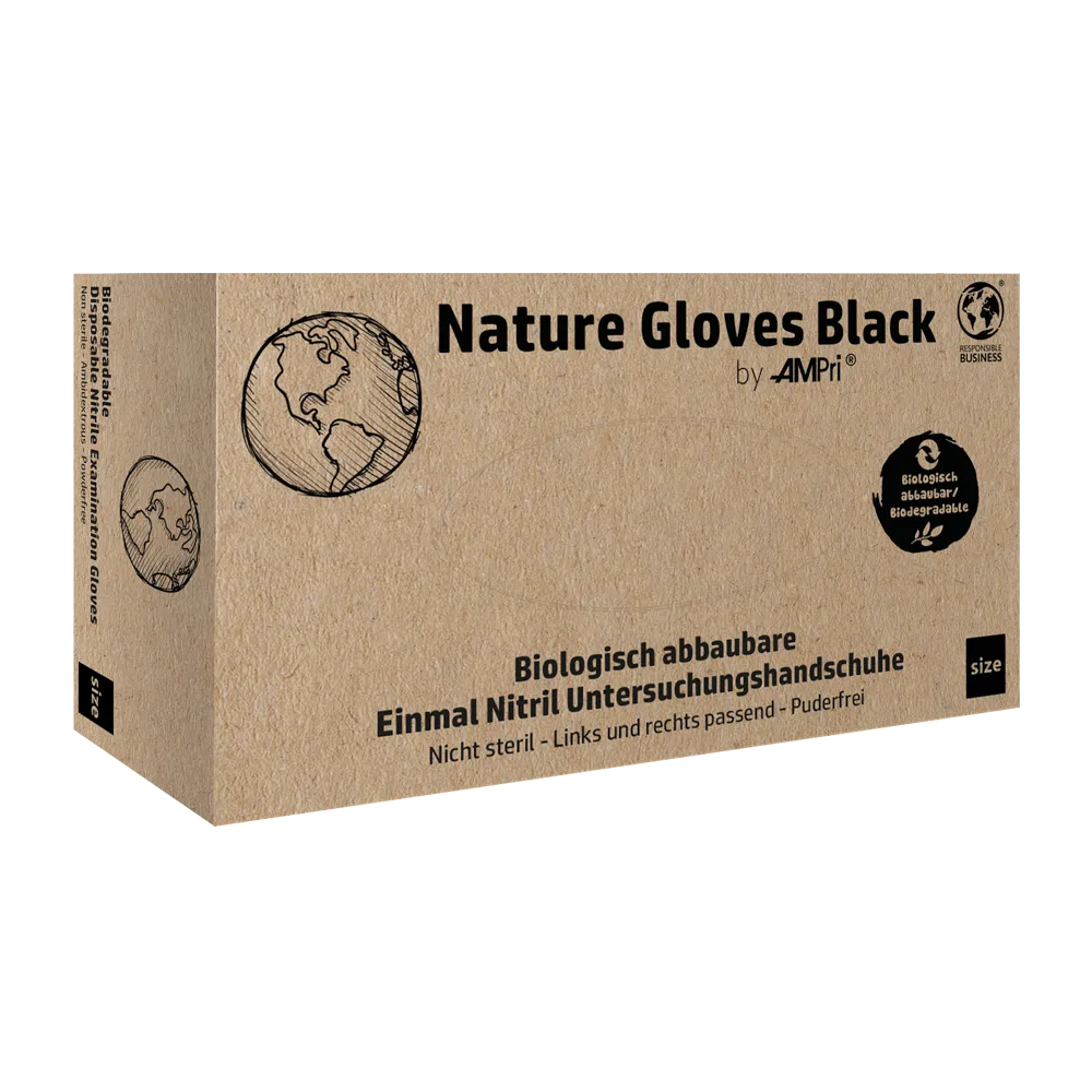 Una scatola con l'iscrizione „AMPri Nature Gloves BLACK Guanti in nitrile biodegradabili“ della AMPri Handelsgesellschaft mbH è esposta. Contiene immagini di un globo e un logo per la biodegradabilità. Il testo tedesco sulla scatola descrive questi guanti in nitrile neri biodegradabili e sottolinea la loro alta resistenza contro i prodotti chimici e la protezione biologica.