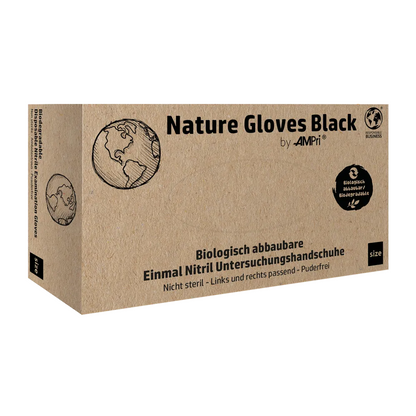Una scatola con l'iscrizione „AMPri Nature Gloves BLACK Guanti in nitrile biodegradabili“ della AMPri Handelsgesellschaft mbH è esposta. Contiene immagini di un globo e un logo per la biodegradabilità. Il testo tedesco sulla scatola descrive questi guanti in nitrile neri biodegradabili e sottolinea la loro alta resistenza contro i prodotti chimici e la protezione biologica.