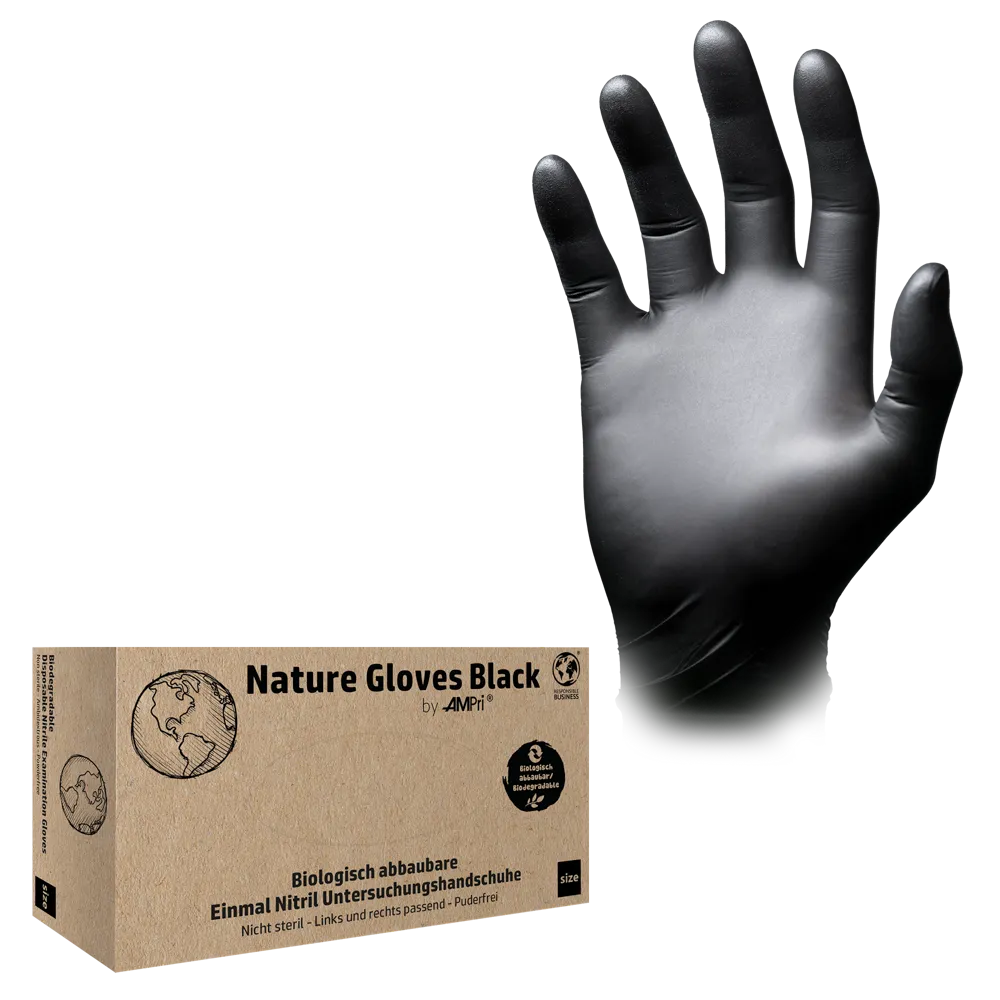 Accanto alla confezione „AMPri Nature Gloves BLACK“ viene mostrato un guanto monouso nero, che mette in mostra il suo materiale nitrile biodegradabile. Questi guanti in nitrile biodegradabili sono privi di polvere, offrono alta resistenza e sono adatti per entrambe le mani.