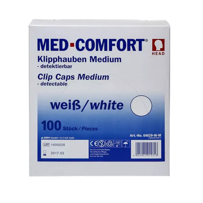 Una scatola di AMPri PP Klipphaube rilevabile di taglia media, colore bianco, è realizzata in polipropilene per una maggiore durata. L'imballaggio conferma che si tratta di cuffie rilevabili e contiene 100 pezzi. Il numero di modello 04209-W-M è chiaramente indicato accanto ai loghi e ai dettagli del prodotto per garantire il rispetto delle norme igieniche.