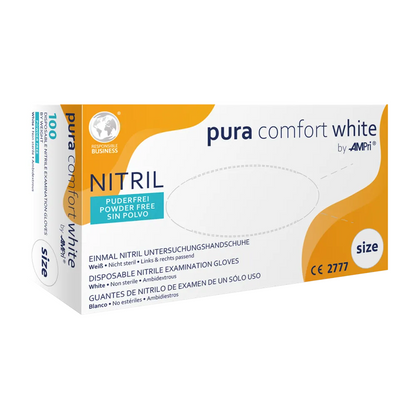 Scatola di guanti in nitrile AMPri Puracomfort WHITE, senza polvere, adatti per entrambe le mani, taglia M. L'imballaggio è prevalentemente bianco e arancione, con testo multilingue e offre protezione chimica. Contiene 100 guanti.
