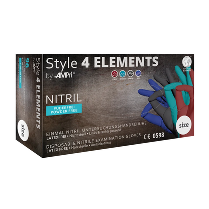 Una scatola di guanti in nitrile AMPri STYLE 4 ELEMENTS senza polvere, mix di colori del marchio AMPri Handelsgesellschaft mbH. La scatola nera mostra sul davanti una selezione di guanti in nitrile colorati e indica che i guanti sono "senza lattice" e "senza polvere". Questi guanti da esame non sterili, indossabili su entrambe le mani, sono guanti monouso.