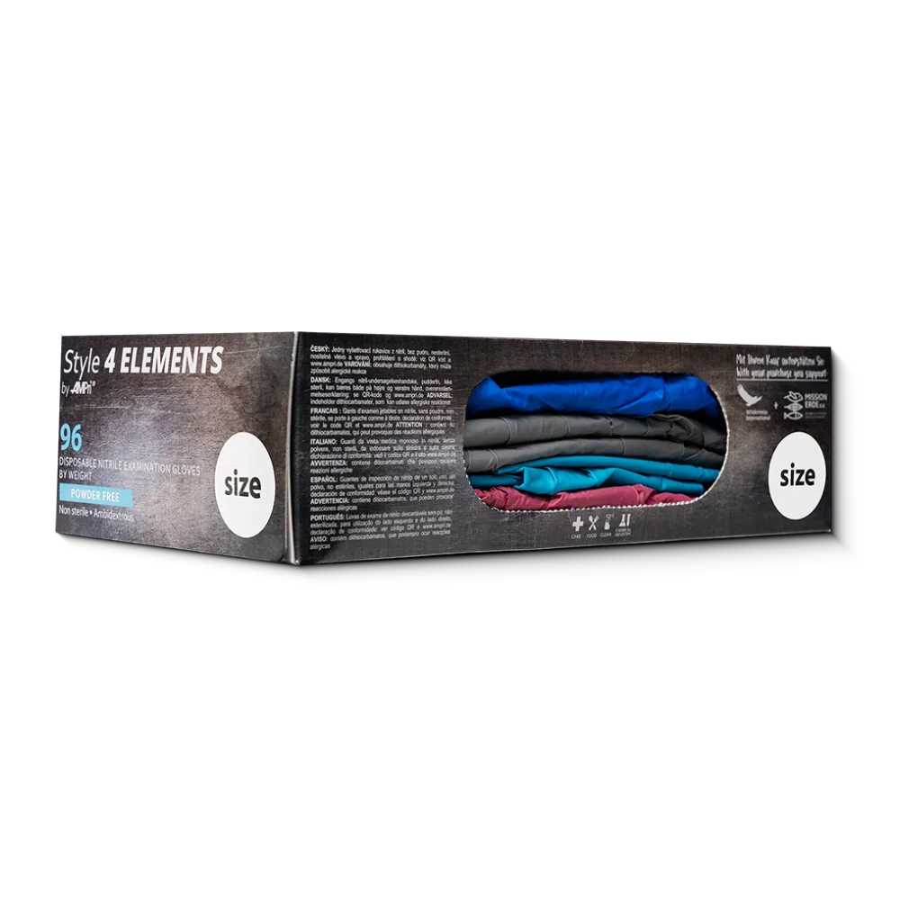 Una confezione di cartone con la scritta "AMPri STYLE 4 ELEMENTS guanti in nitrile senza polvere, mix di colori" della AMPri Handelsgesellschaft mbH contiene 96 guanti monouso in nitrile. La scatola riporta indicazioni sulle taglie e presenta attraverso un'apertura trasparente guanti in diversi colori, che offrono protezione contro le sostanze chimiche.