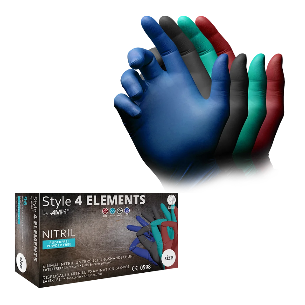 Una scatola con la scritta "AMPri STYLE 4 ELEMENTS guanti in nitrile senza polvere, mix di colori" della AMPri Handelsgesellschaft mbH contiene guanti monouso in nitrile blu, neri, verdi e rossi. Sopra la scatola sono visibili immagini di una mano che indossa un guanto di ogni colore. Il testo sulla scatola sottolinea che i guanti sono senza polvere e resistenti a diverse sostanze chimiche.