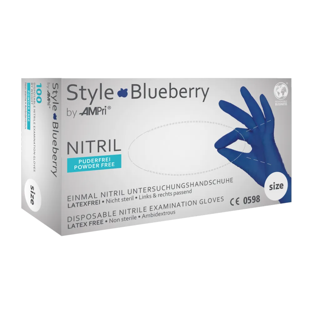Una scatola bianca di guanti in nitrile senza polvere AMPri STYLE BLUEBERRY di MED-COMFORT con la scritta "Style Blueberry by AMPri Handelsgesellschaft mbH" mostra una mano guantata di blu con un testo che indica che i guanti blu scuro sono privi di lattice, non sterili, senza polvere e indossabili su entrambe le mani. La scatola contiene 100 guanti da esame in nitrile.