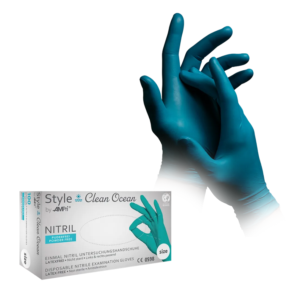 Un paio di mani con guanti in nitrile turchesi AMPri STYLE CLEAN OCEAN senza polvere di MED-COMFORT, le dita sono leggermente intrecciate. Sotto le mani è posizionata in modo ben visibile una scatola di guanti monouso per esami Style Clean Ocean senza polvere in nitrile, taglia L.