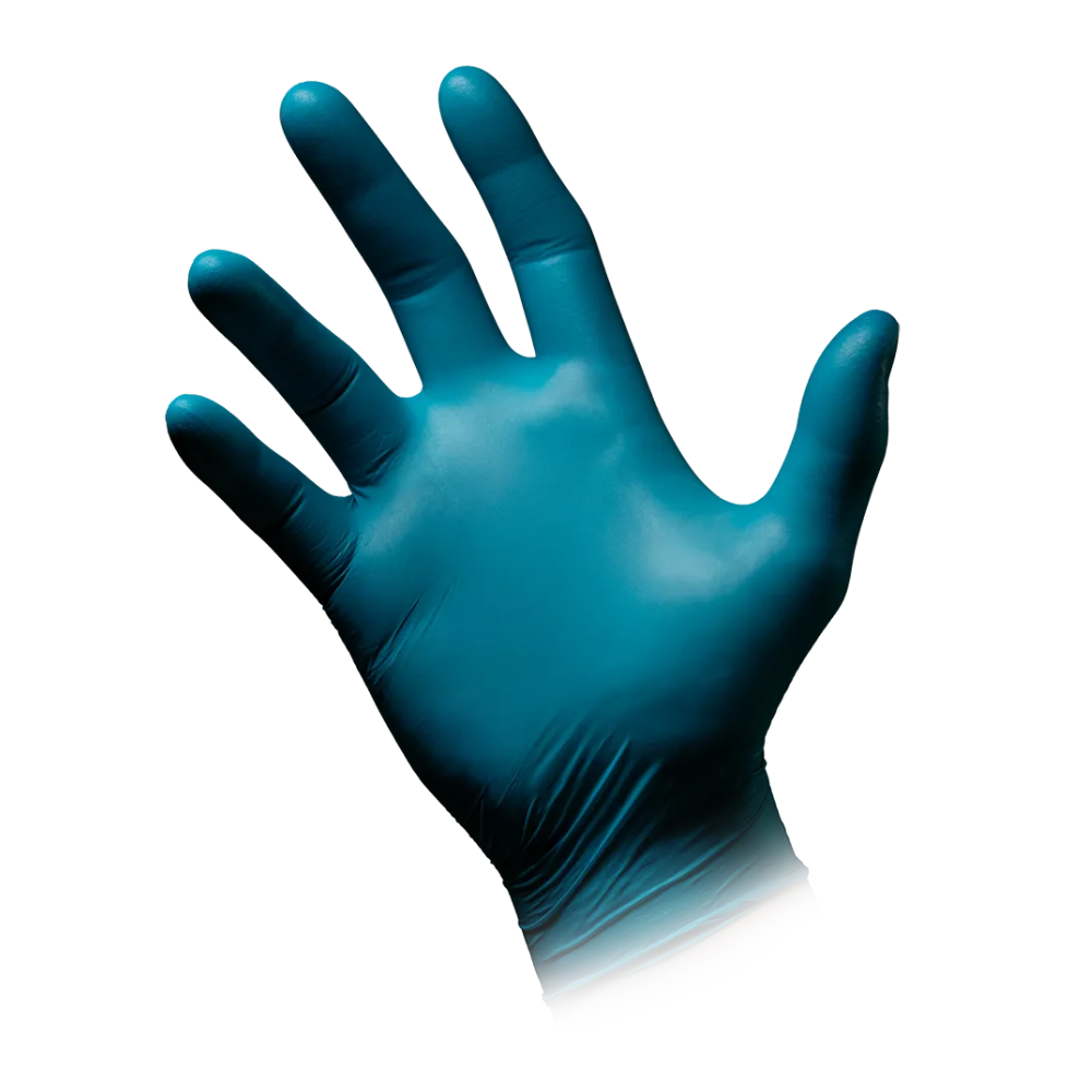 Una mano sinistra con un guanto in nitrile AMPri STYLE CLEAN OCEAN senza polvere di MED-COMFORT in turchese di AMPri Handelsgesellschaft mbH è tenuta davanti a uno sfondo bianco semplice. Il guanto è aderente e ha una texture liscia, con tutte le dita chiaramente separate.
