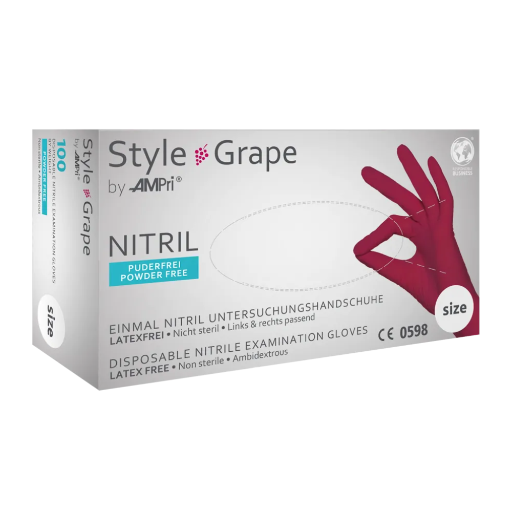 Immagine di una scatola di guanti in nitrile AMPri STYLE GRAPE senza polvere di MED-COMFORT, Bordeaux, di AMPri Handelsgesellschaft mbH. La scatola è bianca con dettagli viola e mostra l'immagine di una mano che indossa un guanto Bordeaux. Questi guanti monouso sono privi di lattice, non sterili e hanno un design ambidestro.