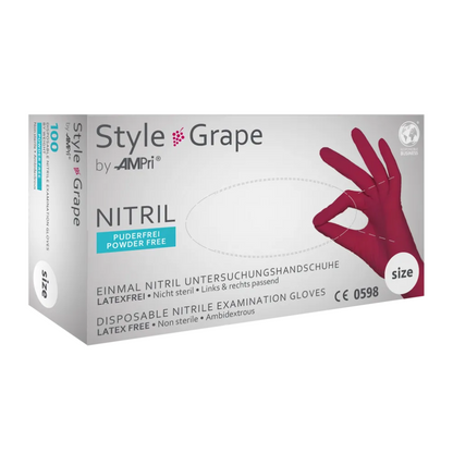 Immagine di una scatola di guanti in nitrile AMPri STYLE GRAPE senza polvere di MED-COMFORT, Bordeaux, di AMPri Handelsgesellschaft mbH. La scatola è bianca con dettagli viola e mostra l'immagine di una mano che indossa un guanto Bordeaux. Questi guanti monouso sono privi di lattice, non sterili e hanno un design ambidestro.