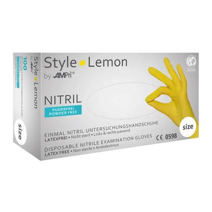 Una scatola bianca con la scritta "AMPri STYLE LEMON guanti in nitrile senza polvere di MED-COMFORT" della AMPri Handelsgesellschaft mbH mostra una mano guantata di giallo che forma un segno "OK". La scatola contiene "guanti in nitrile monouso - senza lattice • non sterili • utilizzabili su entrambe le mani". Il numero "100" indica la quantità contenuta, e sono senza polvere.