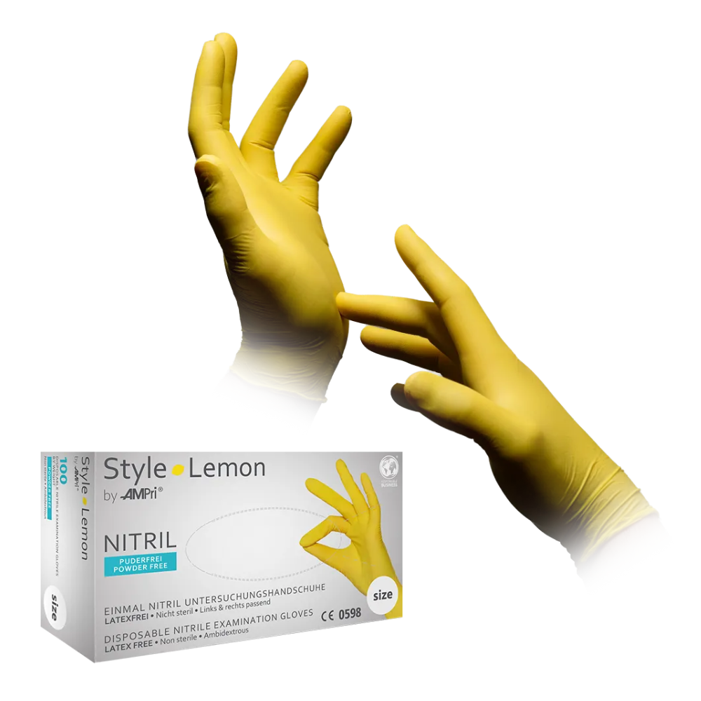 Una scatola di guanti in nitrile AMPri STYLE LEMON senza polvere di MED-COMFORT, gialli, etichettata con una foto di una mano guantata che fa un gesto OK. Sopra la scatola fluttuano due mani in guanti da esame in nitrile gialli e senza polvere, una con le dita aperte e l'altra con le dita tese.