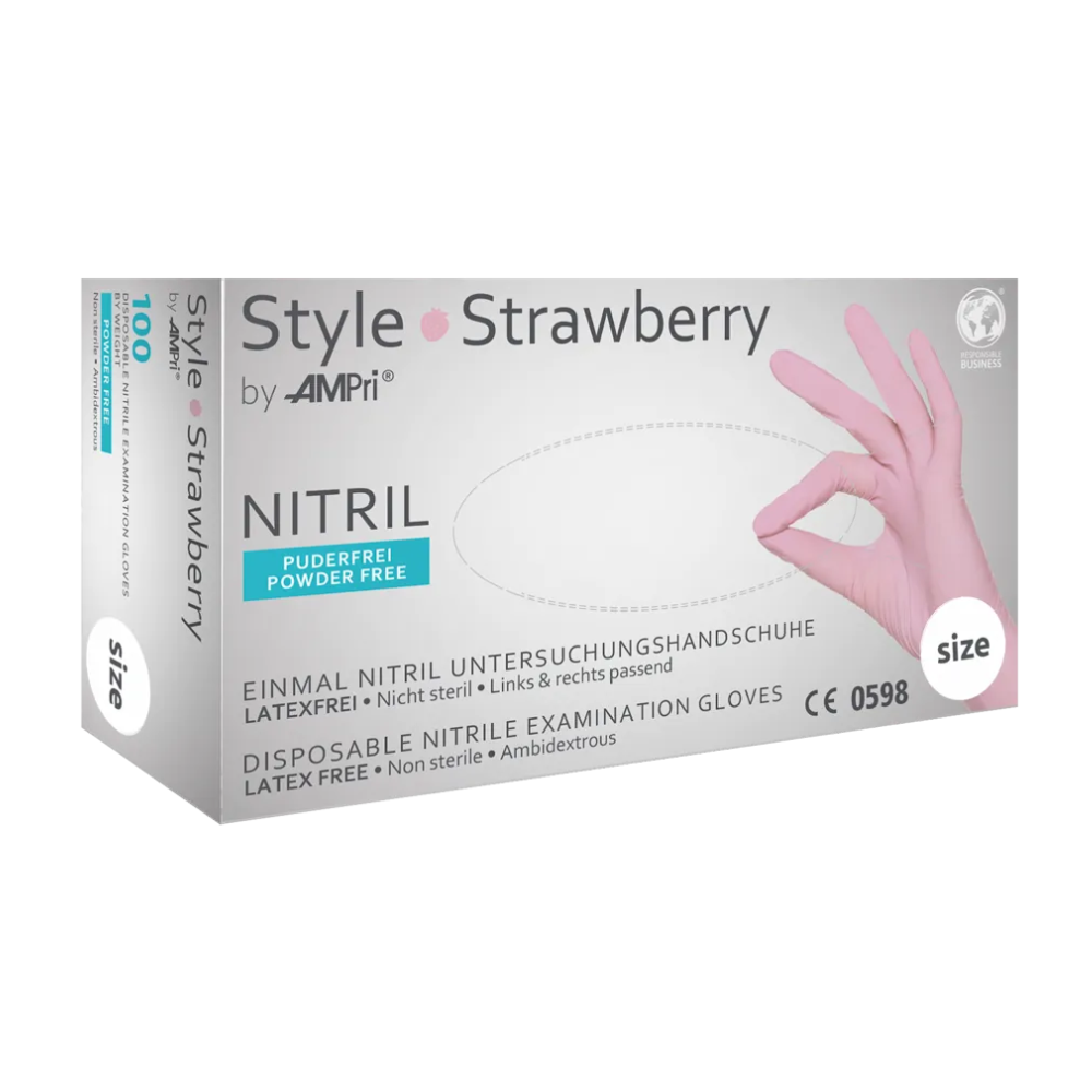 Scatola AMPri STYLE STRAWBERRY guanti in nitrile senza polvere di MED-COMFORT, Rosa, guanti monouso da esame in nitrile, senza lattice, taglia S. La scatola mostra una mano guantata e indica l'idoneità per mani sinistre e destre. Il testo è multilingue.