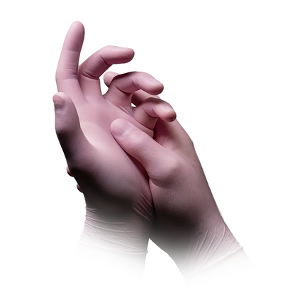 È raffigurato un paio di mani che indossano guanti in nitrile AMPri STYLE STRAWBERRY senza polvere di MED-COMFORT, Rosa, di AMPri Handelsgesellschaft mbH. Una mano stringe delicatamente l'altro polso su uno sfondo bianco semplice.