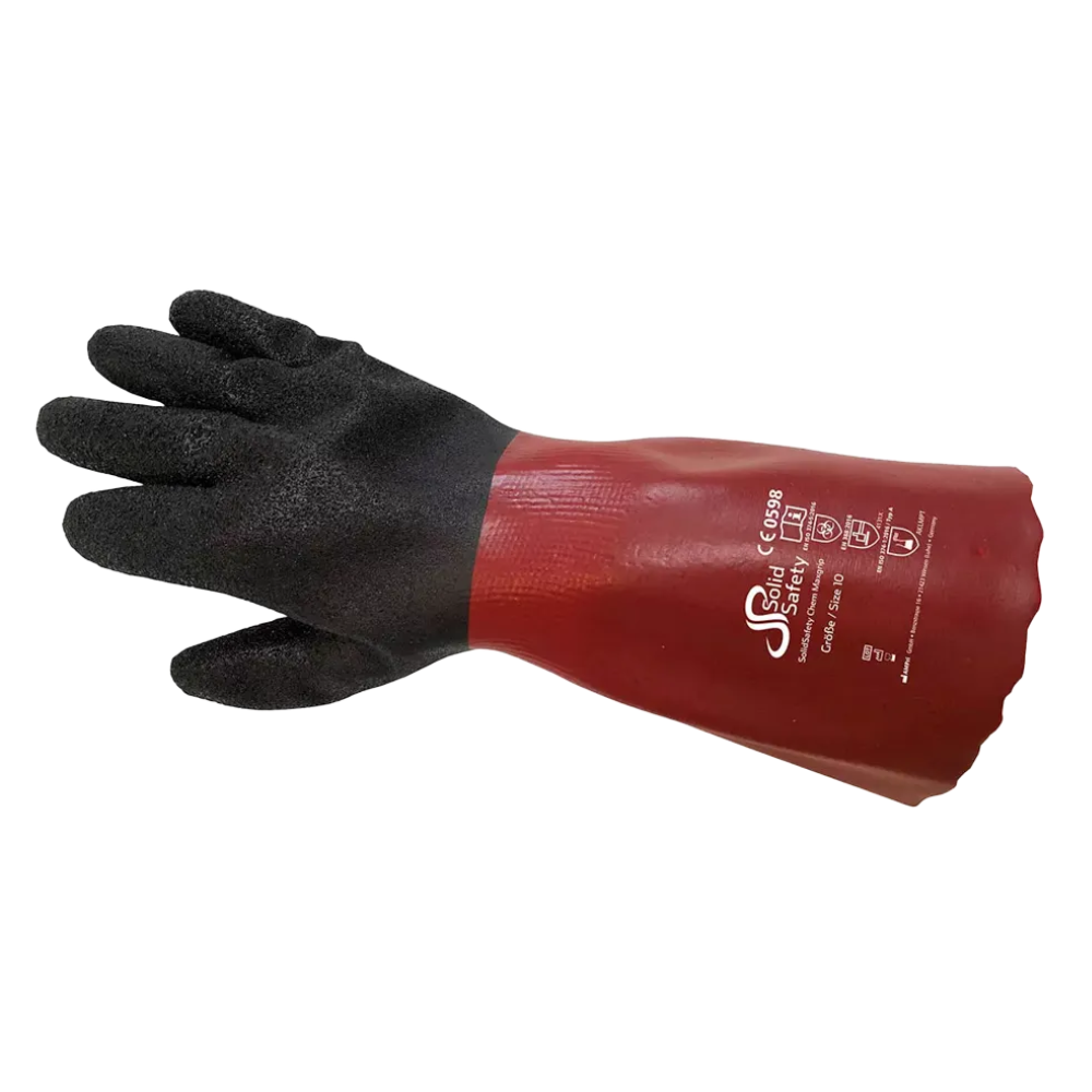 I guanti di protezione chimica AMPri SolidSafety Chem MaxGrip nelle taglie M - L, offerti dalla AMPri Handelsgesellschaft mbH, sono guanti di protezione rosso-neri con presa strutturata. Sono progettati specificamente come guanti di protezione chimica resistenti all'abrasione e presentano vari simboli di certificazione di sicurezza e testi sul polso per offrire una protezione eccezionale contro sostanze aggressive in condizioni di forte sollecitazione.