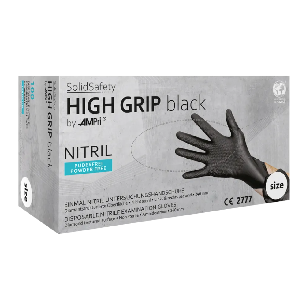 Una scatola di guanti protettivi contro le sostanze chimiche AMPri SolidSafety High Grip Black in nitrile, perfetti come guanti professionali per diverse applicazioni. La scatola contiene un singolo guanto nero e sottolinea che è senza polvere, non sterile e con una superficie strutturata a diamante per una presa migliore.