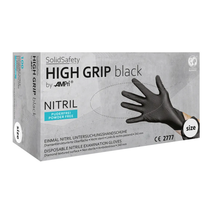 Una scatola di guanti protettivi contro le sostanze chimiche AMPri SolidSafety High Grip Black in nitrile, perfetti come guanti professionali per diverse applicazioni. La scatola contiene un singolo guanto nero e sottolinea che è senza polvere, non sterile e con una superficie strutturata a diamante per una presa migliore.