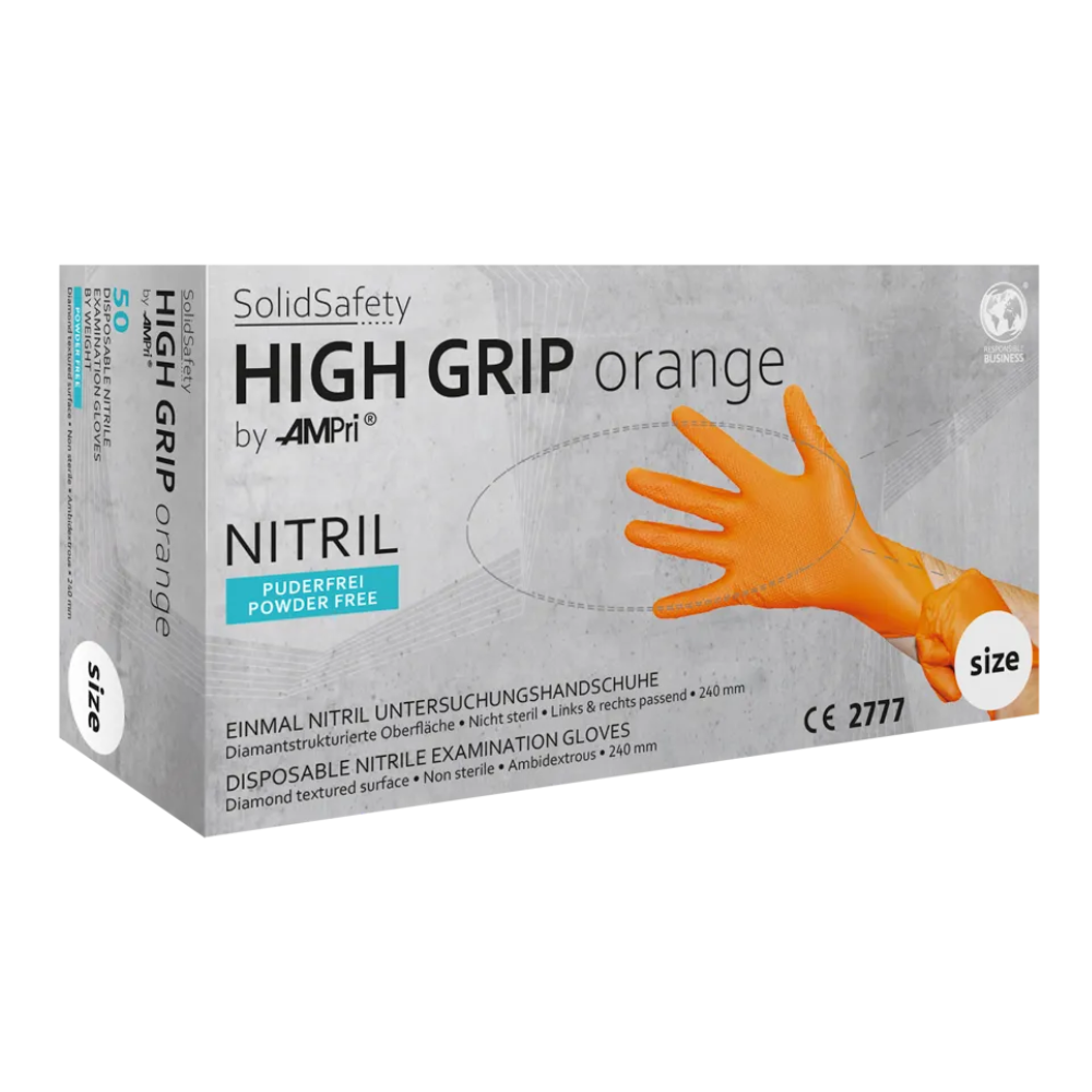 Scatola con guanti di protezione chimica in nitrile AMPri SolidSafety High Grip arancioni. Questi guanti non sterili hanno una superficie strutturata a diamante senza polvere e sono adatti per entrambe le mani. Etichettati in più lingue con informazioni sulle dimensioni, CE 2777 e simboli per alimenti per l'uso nell'industria alimentare.