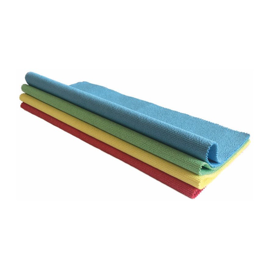 Quattro panni in microfibra Arcora STRONG-LINE-PU (40 x 30 cm) di Arcora International GmbH nei colori blu, verde, rosso e giallo sono piegati e impilati su uno sfondo bianco.