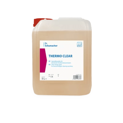 Un contenitore da 5 litri della Dr. Schumacher GmbH THERMO CLEAR con tappo rosso ed etichetta informativa del prodotto, progettato per la pulizia igienica.