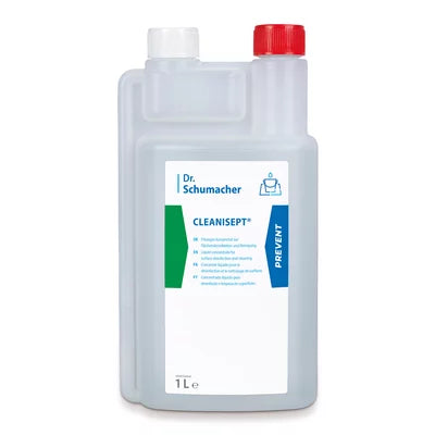 Una bottiglia da 1 litro di Dr. Schumacher Cleanisept® disinfezione e pulizia delle superfici della Dr. Schumacher GmbH con corpo bianco, tappo rosso-bianco ed etichetta blu-verde per la pulizia efficace dei dispositivi medici.